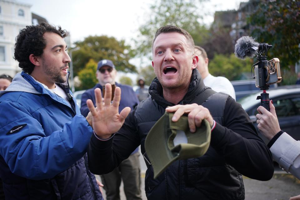 Robinson's appearance at Folkestone Police station where he ​was charged regarding Schedule 7 (Yui Mok/PA Wire)